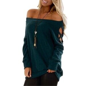 143 Story dark green off shoulder long sleeve sweater with cutouts size small